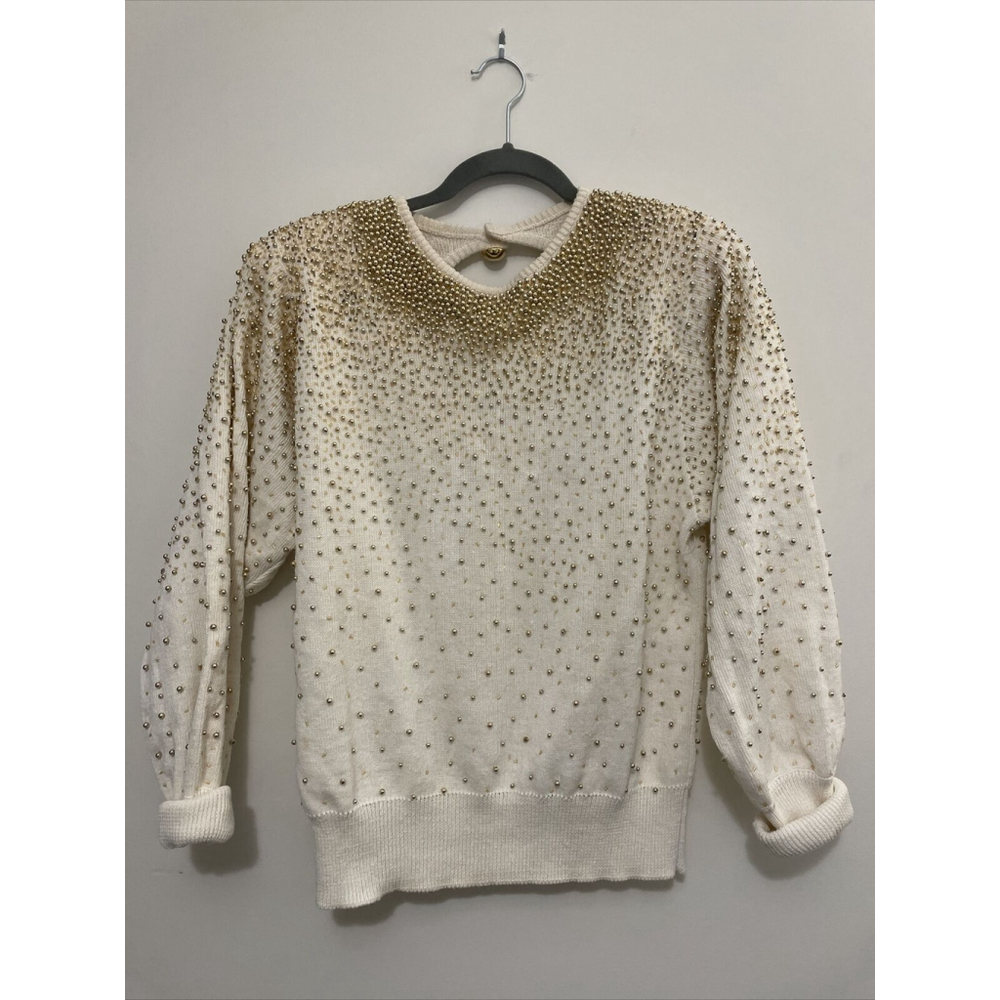 Vintage 80’s Bonnie Bower Beaded Sweater Cream Gold S Holiday Grannie Sparkle